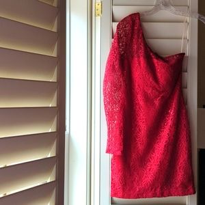 Trixxi from Nordstrom size 1 red sequin and lace dress. Asymmetric sleeve.